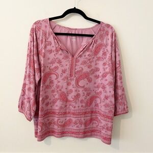 J Jill Pure Split Neck Top Pink Paisley Size S Petite Peasant Boho Chic Western